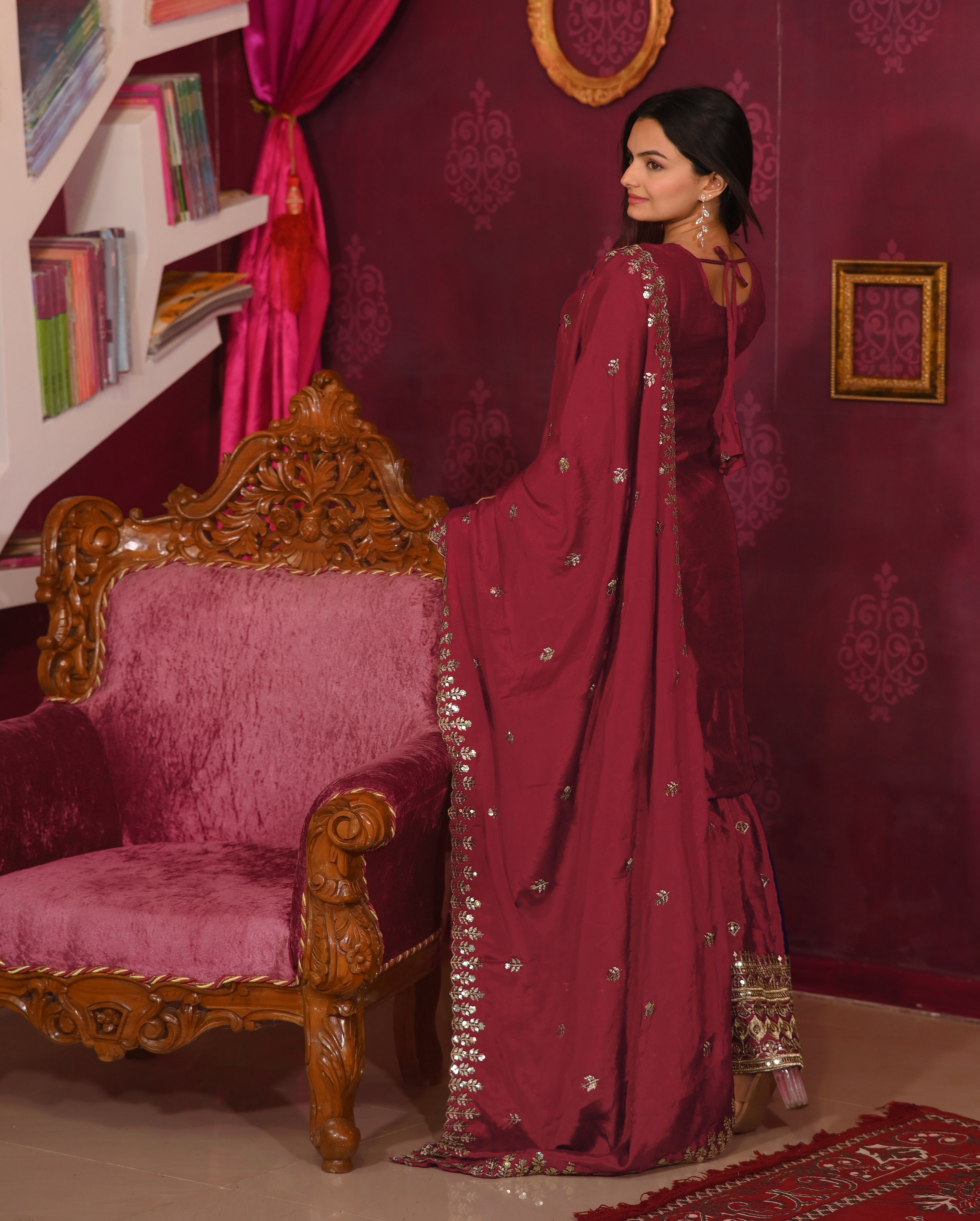 Designer Embroidered Chinon Suit With Sequence Embroidered Work