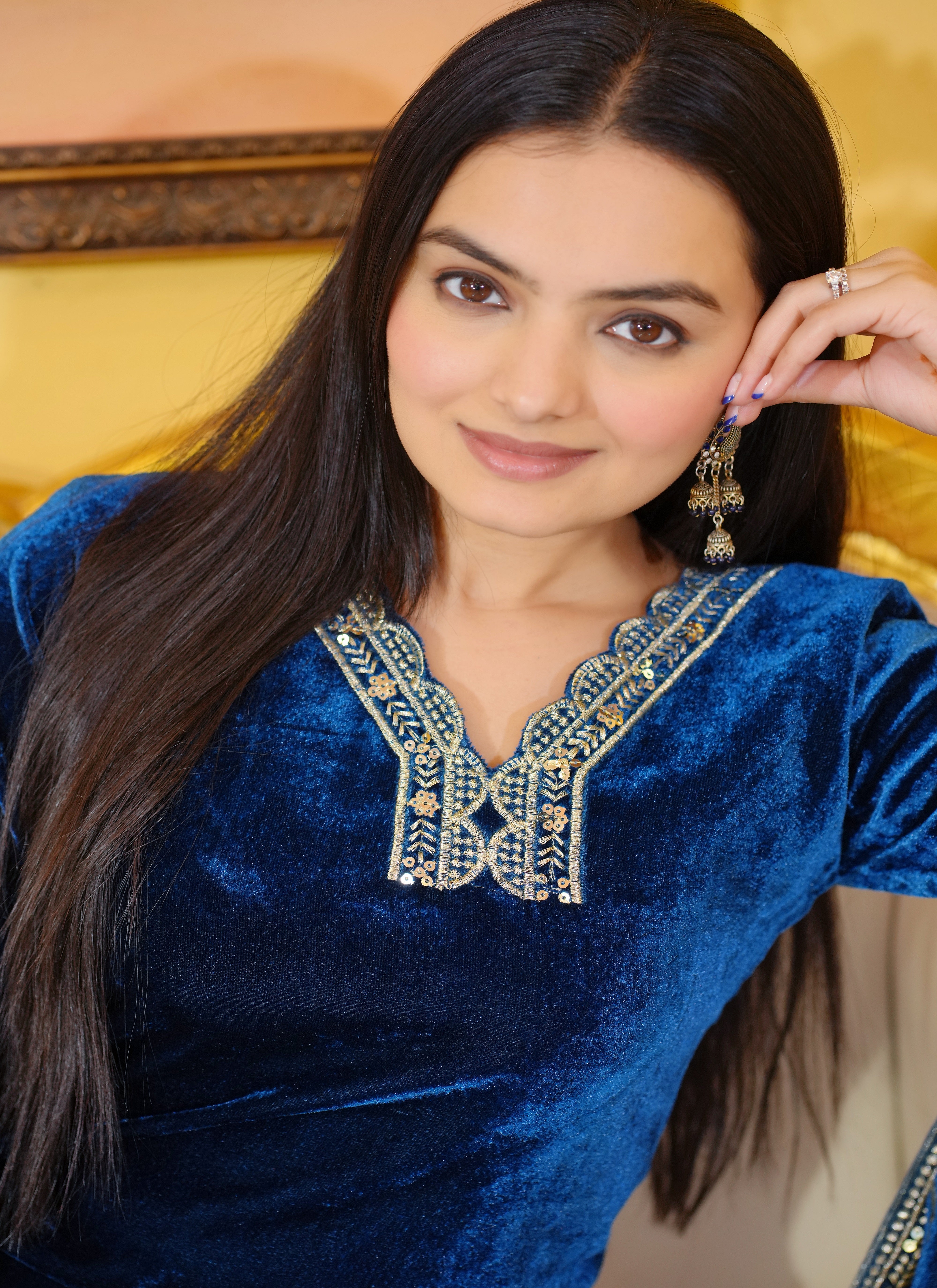 Designer Party Wear Velvet Suit With Embroidered Work