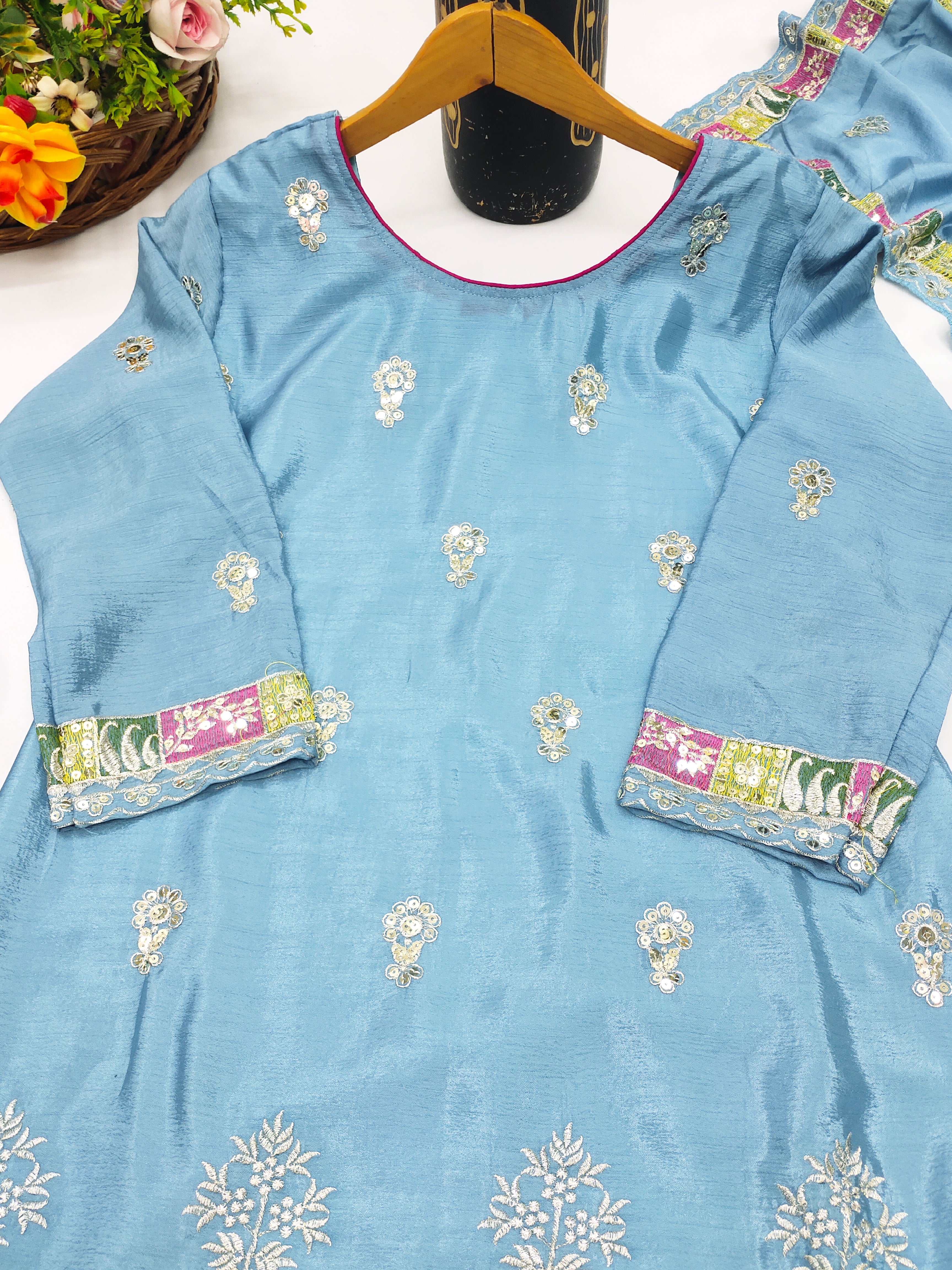 Beautiful Chinon Suit Pent And Dupatta With Sequence Embroidered Work