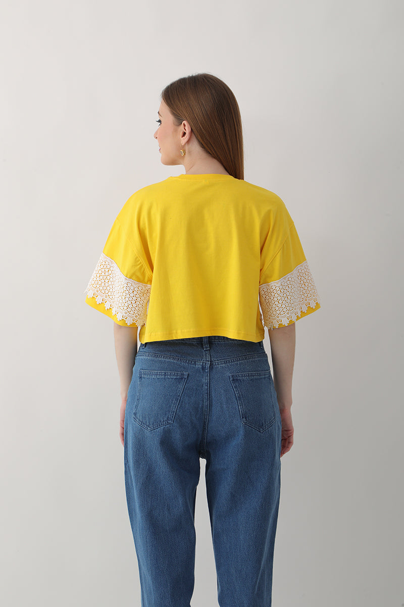 Sunflower Yellow Oversized T-Shirt with Designer Lace Trim for Women