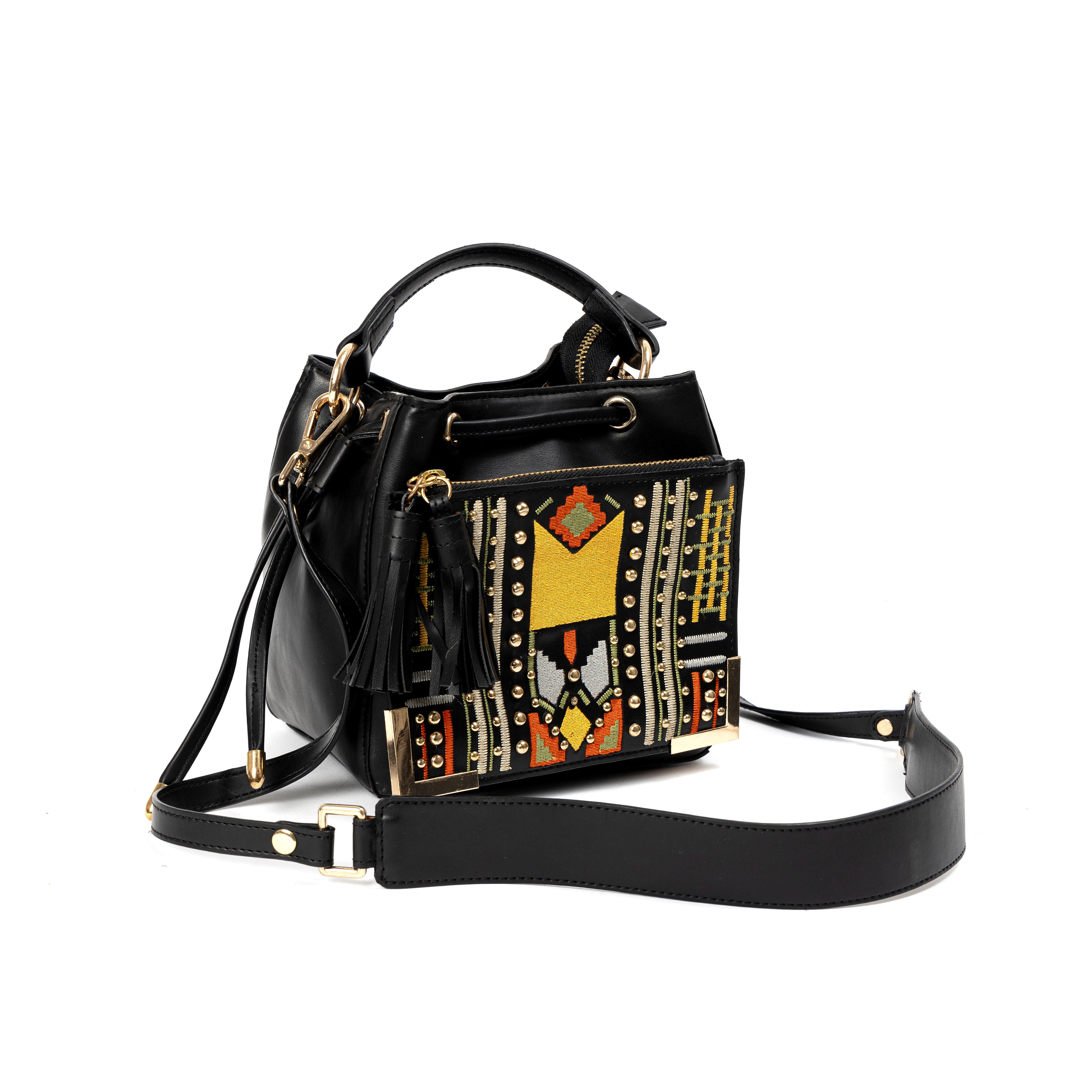 Nora Vegan Leather Embroidered Sling Bag – Black