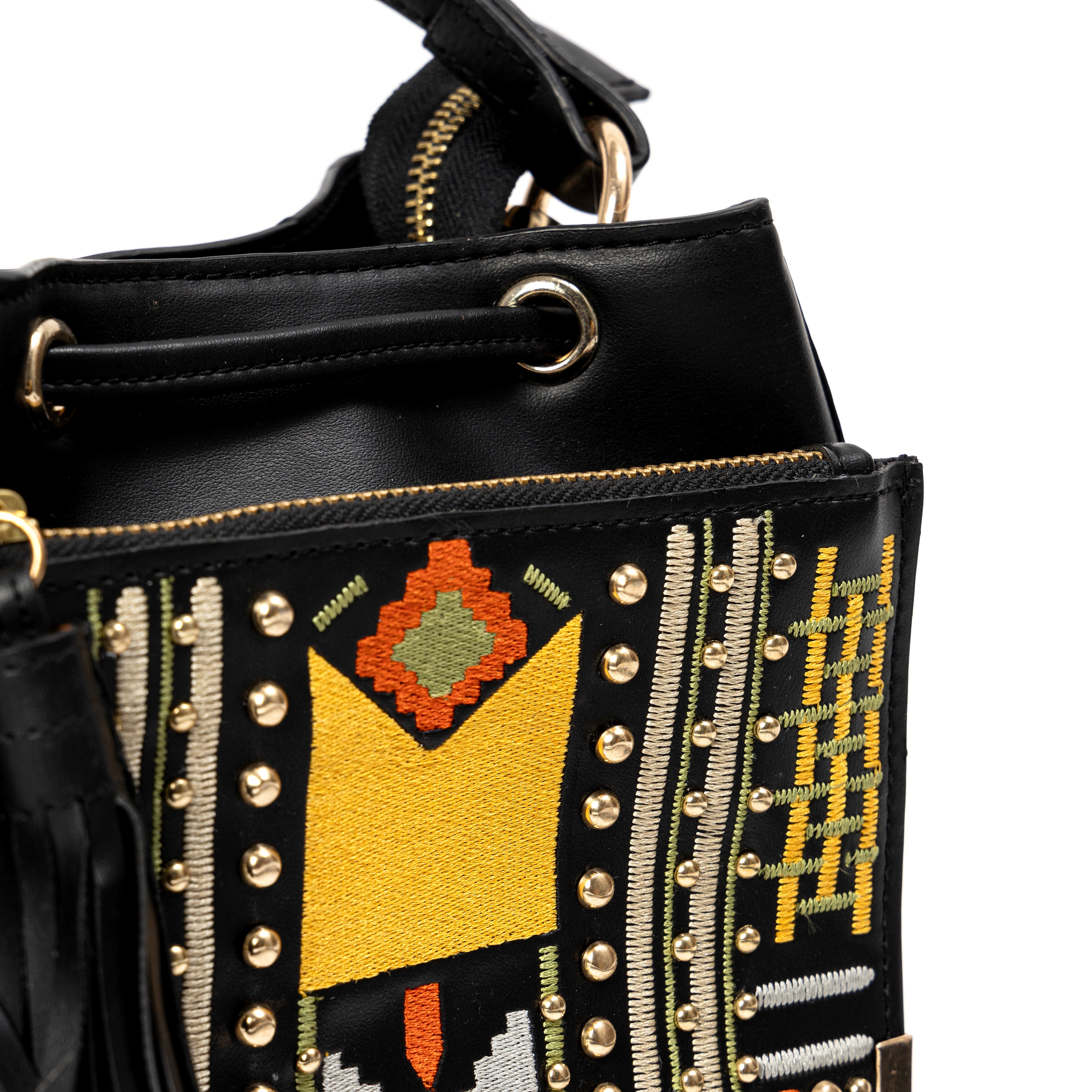 Nora Vegan Leather Embroidered Sling Bag – Black