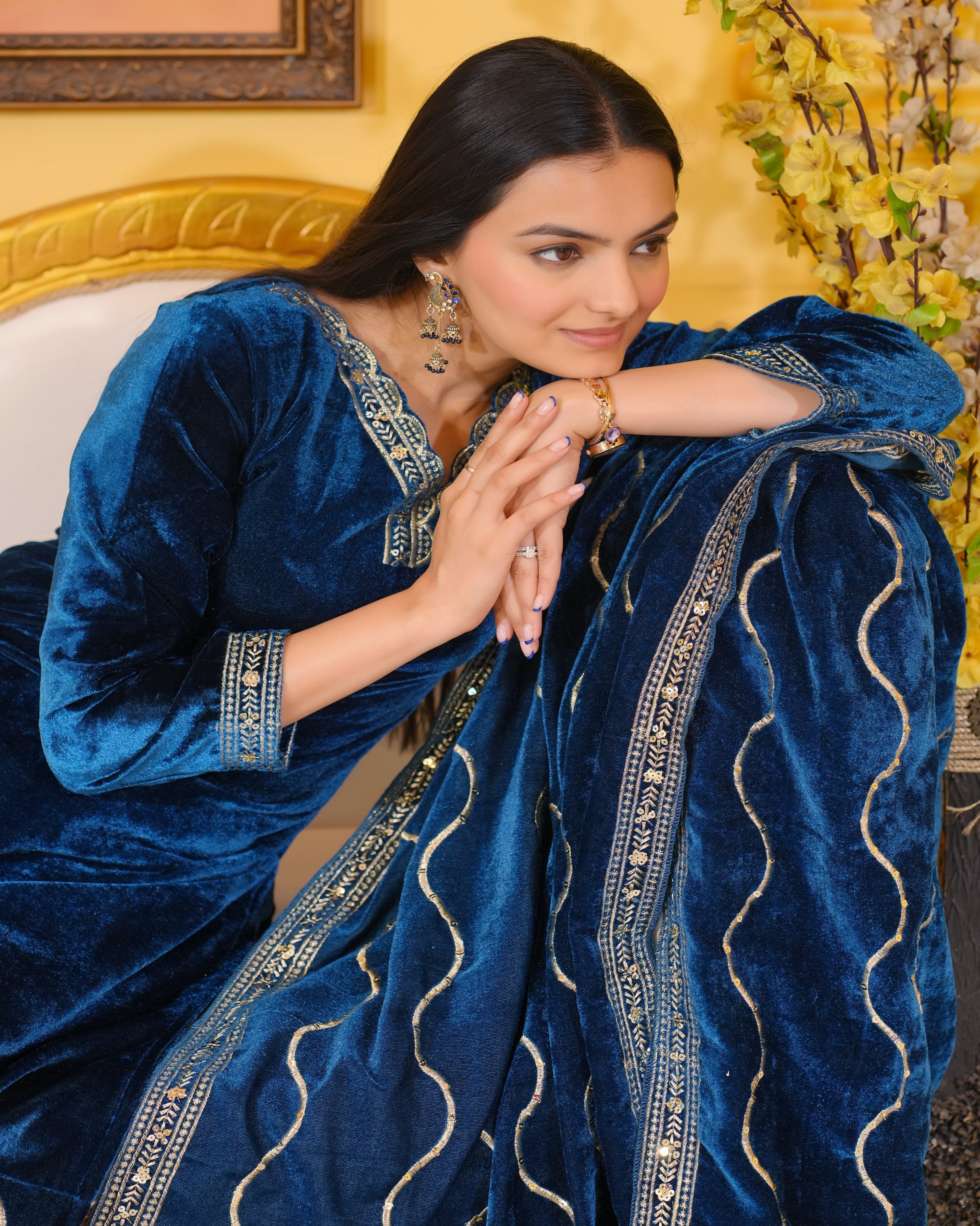 Designer Party Wear Velvet Suit With Embroidered Work