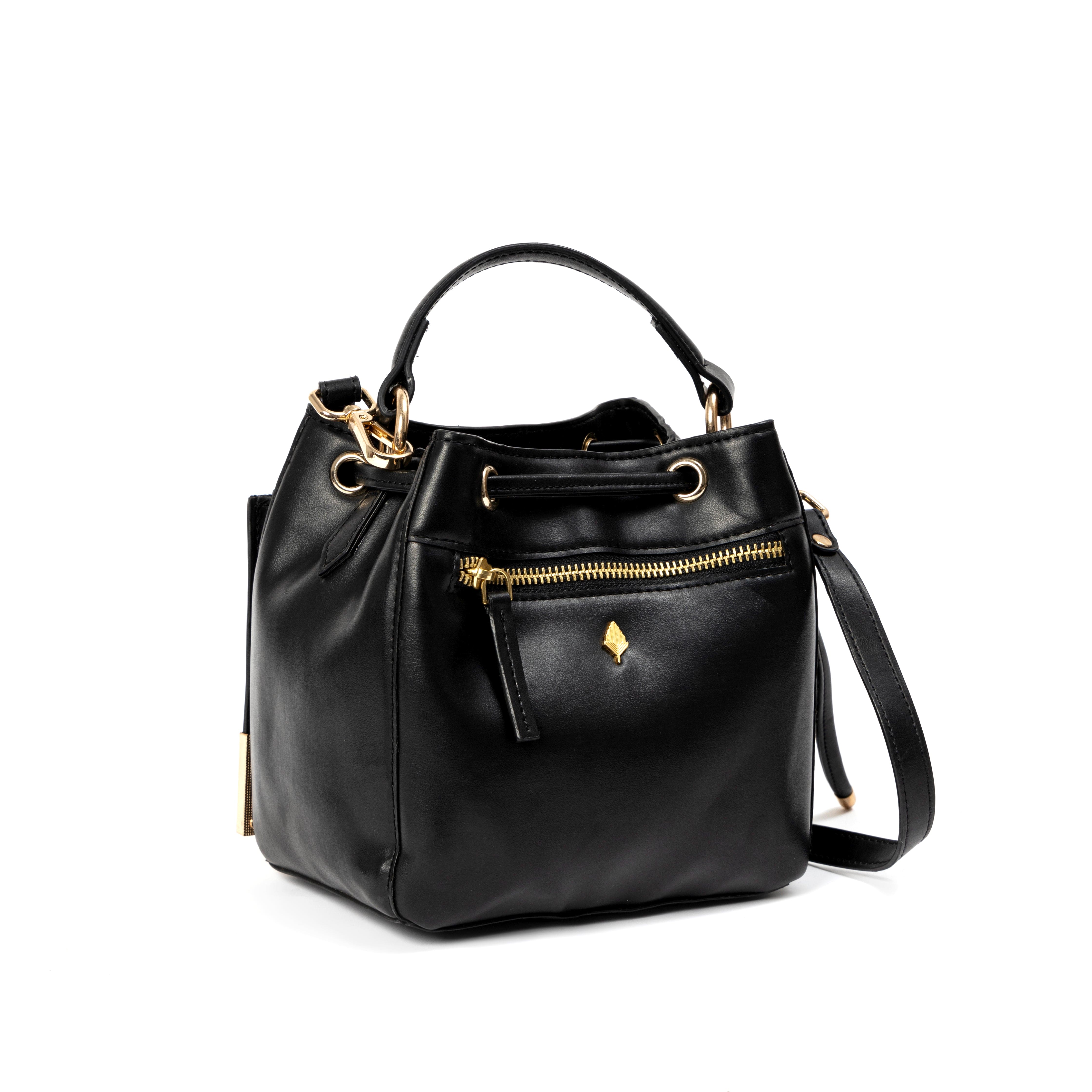 Nora Vegan Leather Embroidered Sling Bag – Black