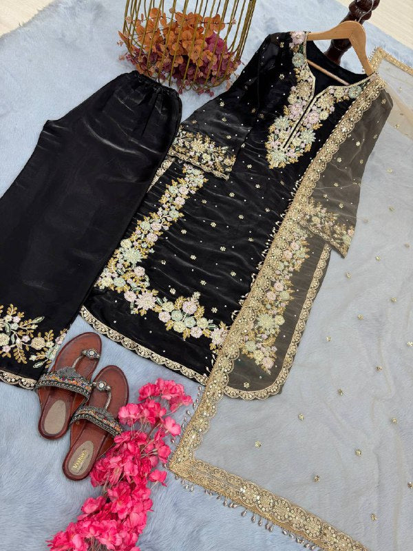 Designer Party Wear Look Silk Top Plazzo & Dupatta Set
