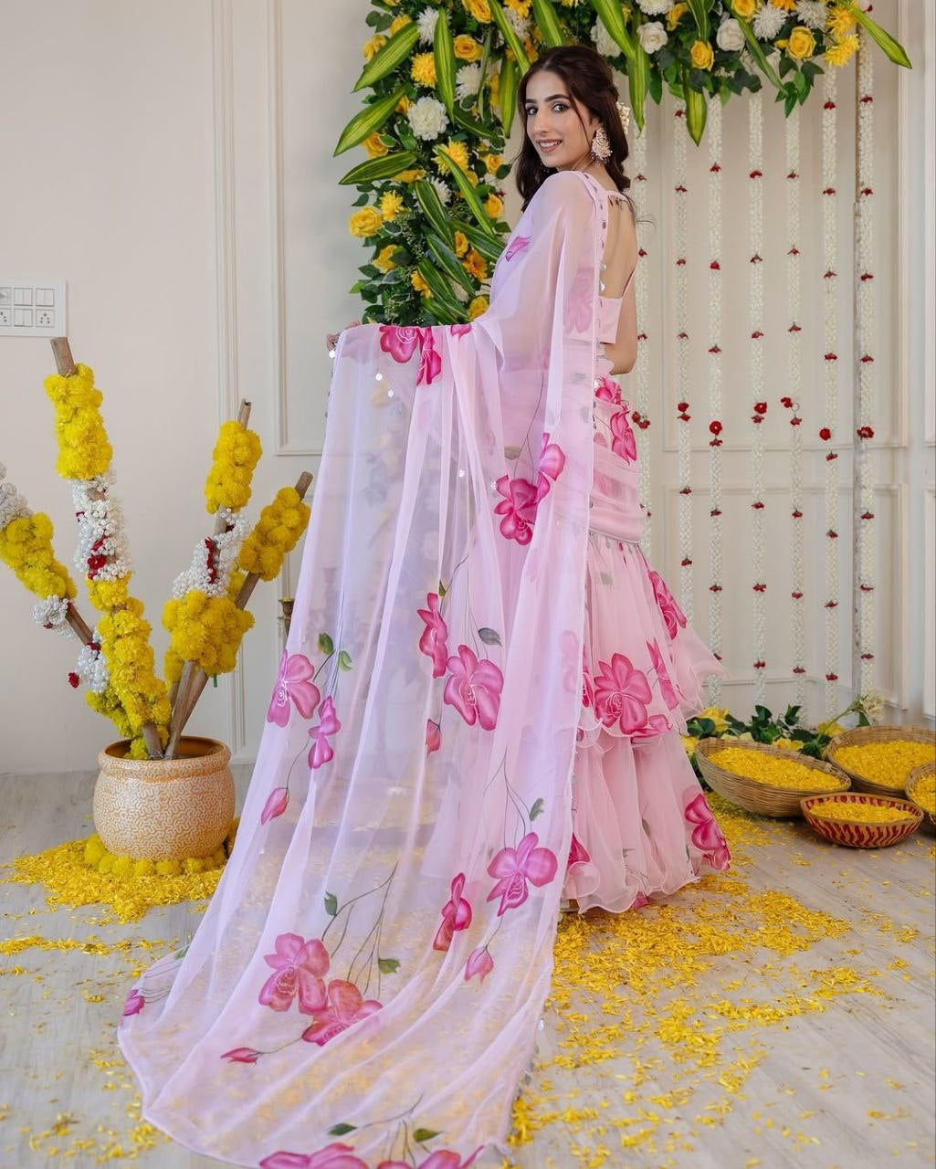 Beautiful Party Wear Ruffle Lehenga Saree With Floral Print