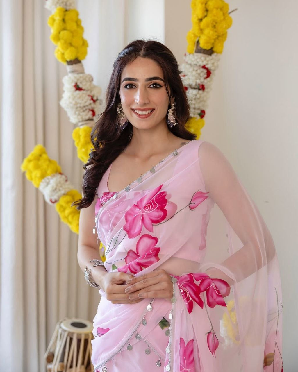 Beautiful Party Wear Ruffle Lehenga Saree With Floral Print