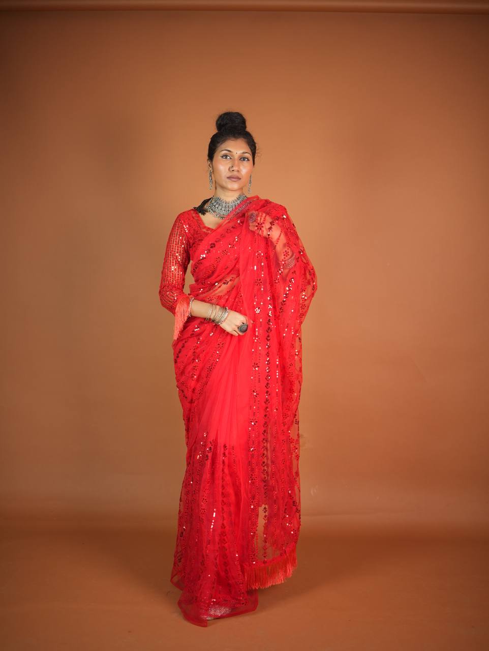 Party Wear Beautiful Saree With Rainbow Sequence & Thread Work