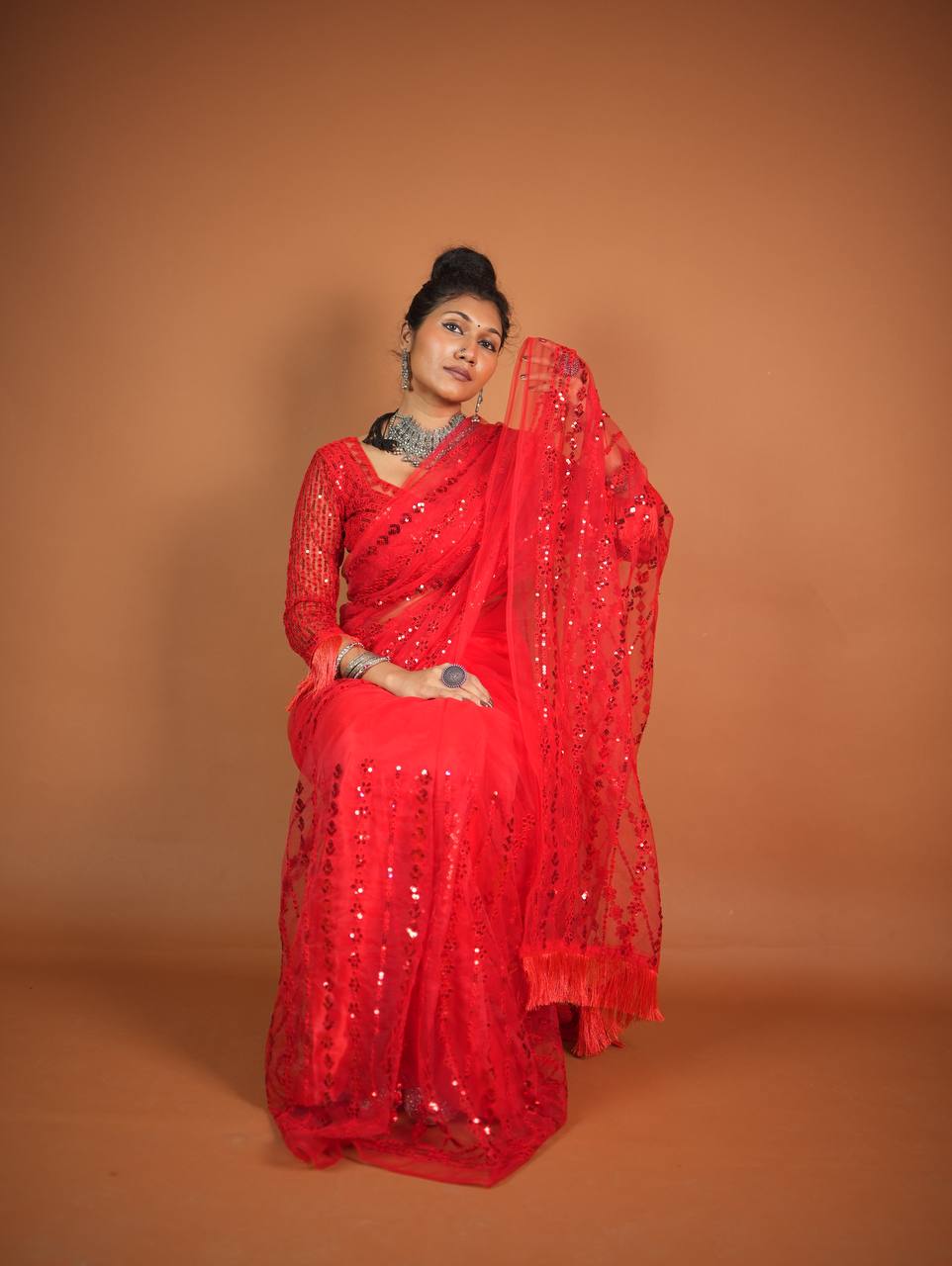 Party Wear Beautiful Saree With Rainbow Sequence & Thread Work