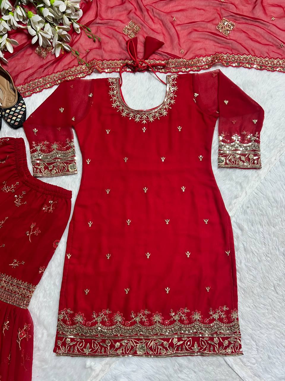 Designer Party Wear Look Top , Sharara Plazzo And Dupatta