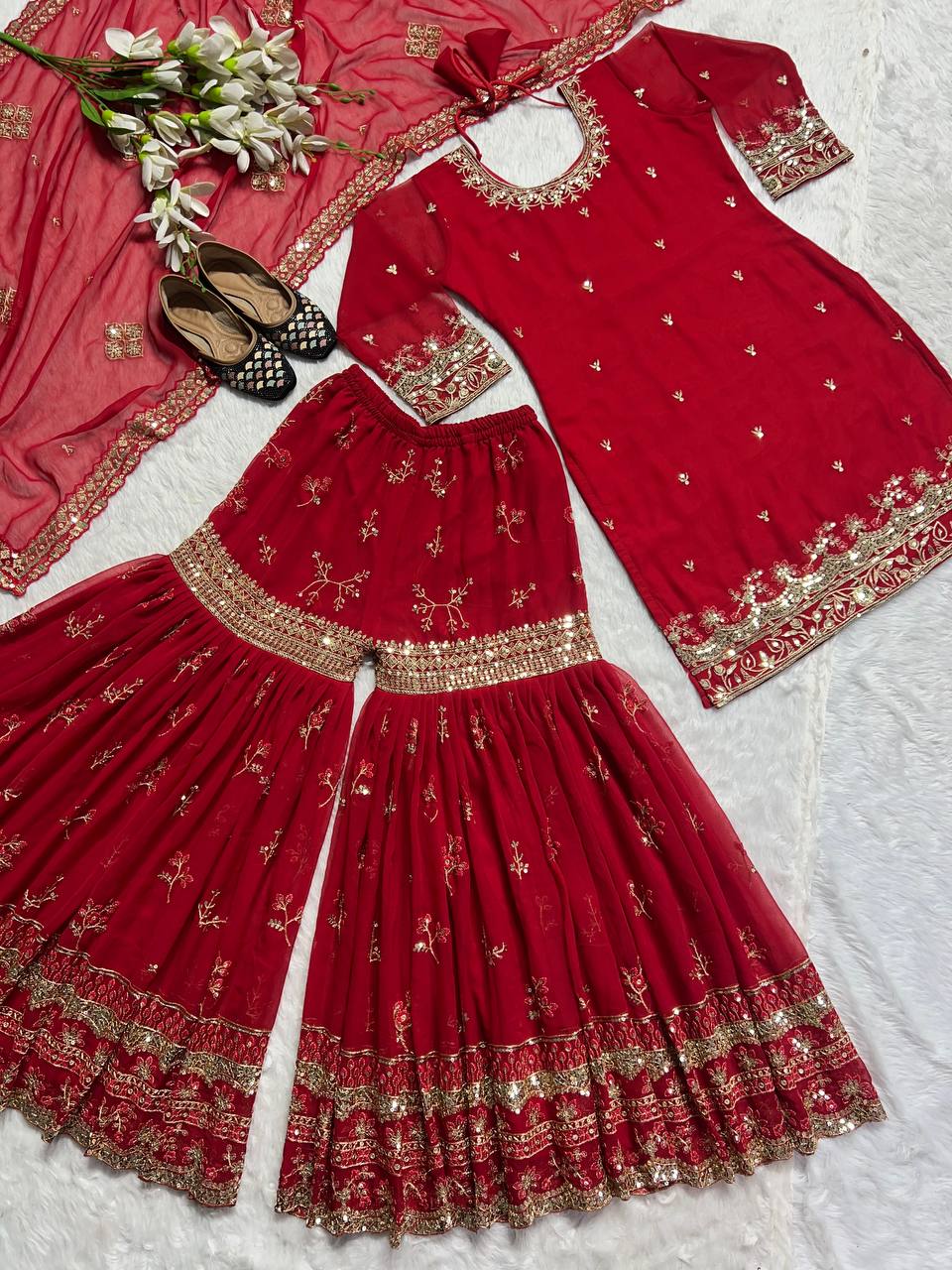 Designer Party Wear Look Top , Sharara Plazzo And Dupatta