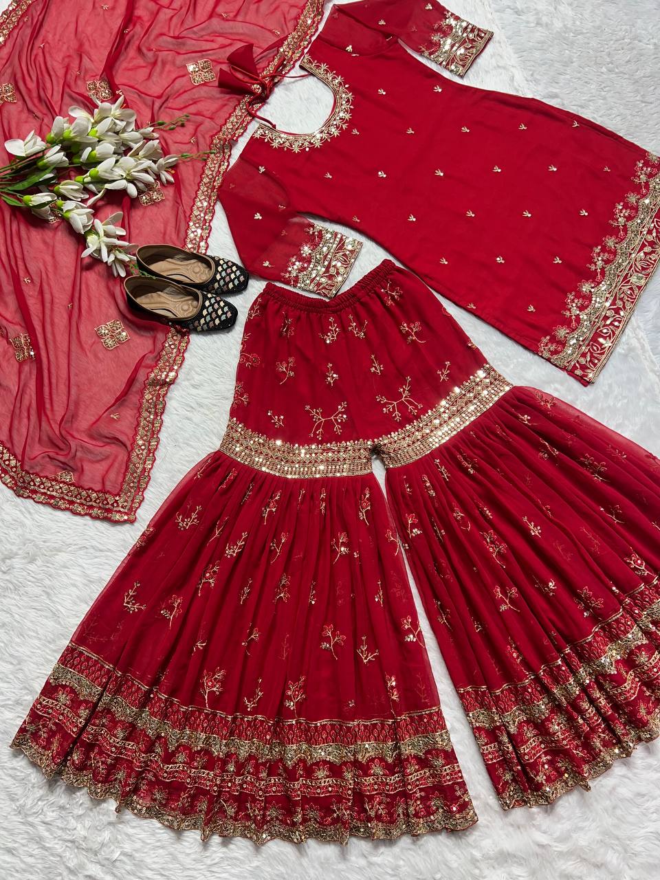 Designer Party Wear Look Top , Sharara Plazzo And Dupatta
