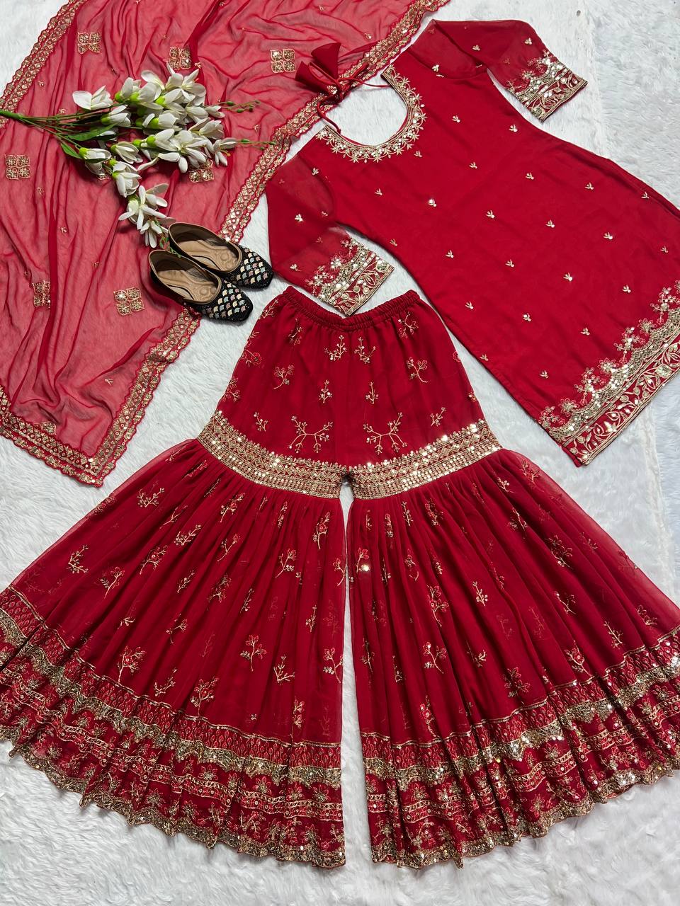 Designer Party Wear Look Top , Sharara Plazzo And Dupatta