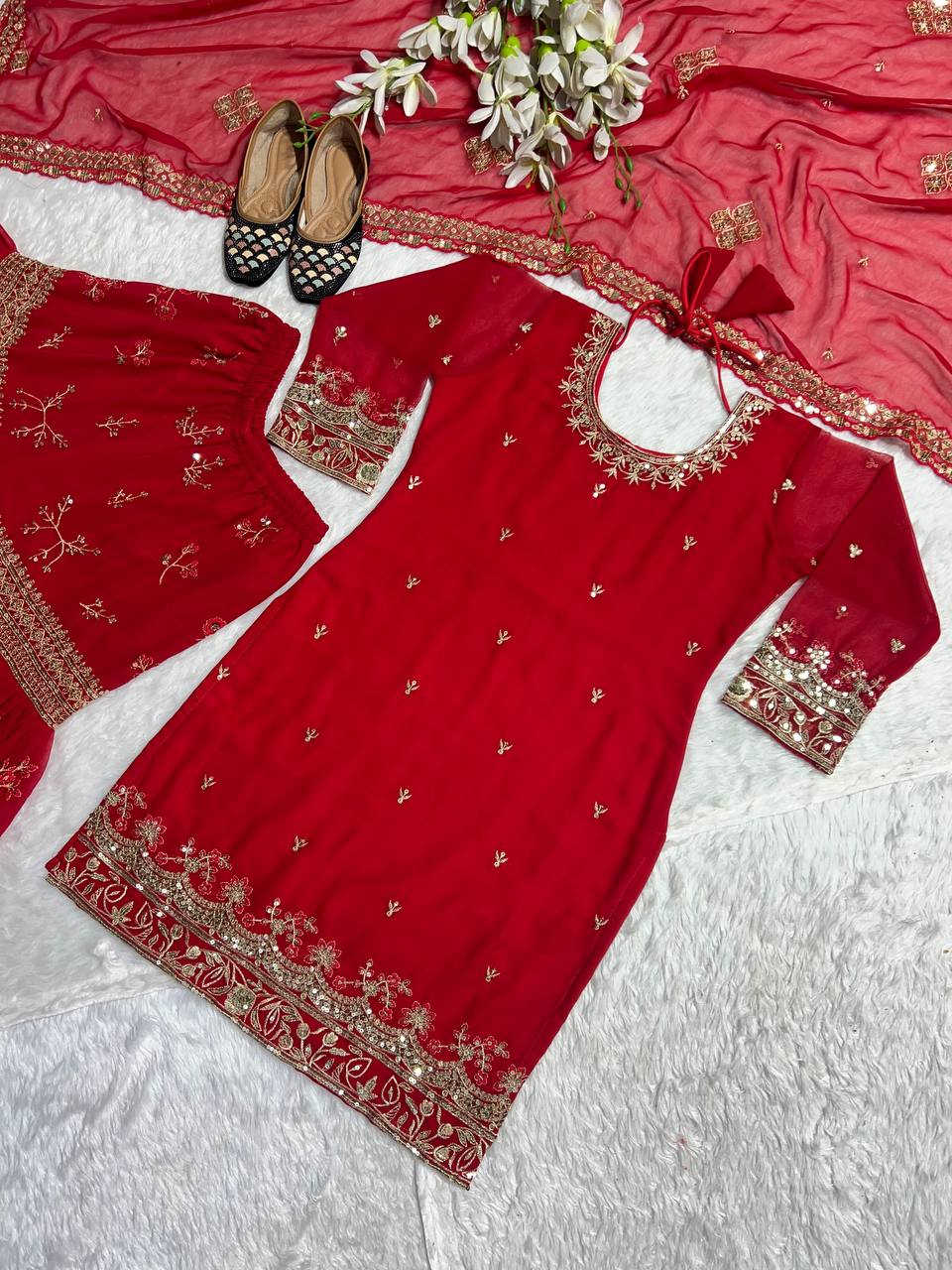 Designer Party Wear Look Top , Sharara Plazzo And Dupatta