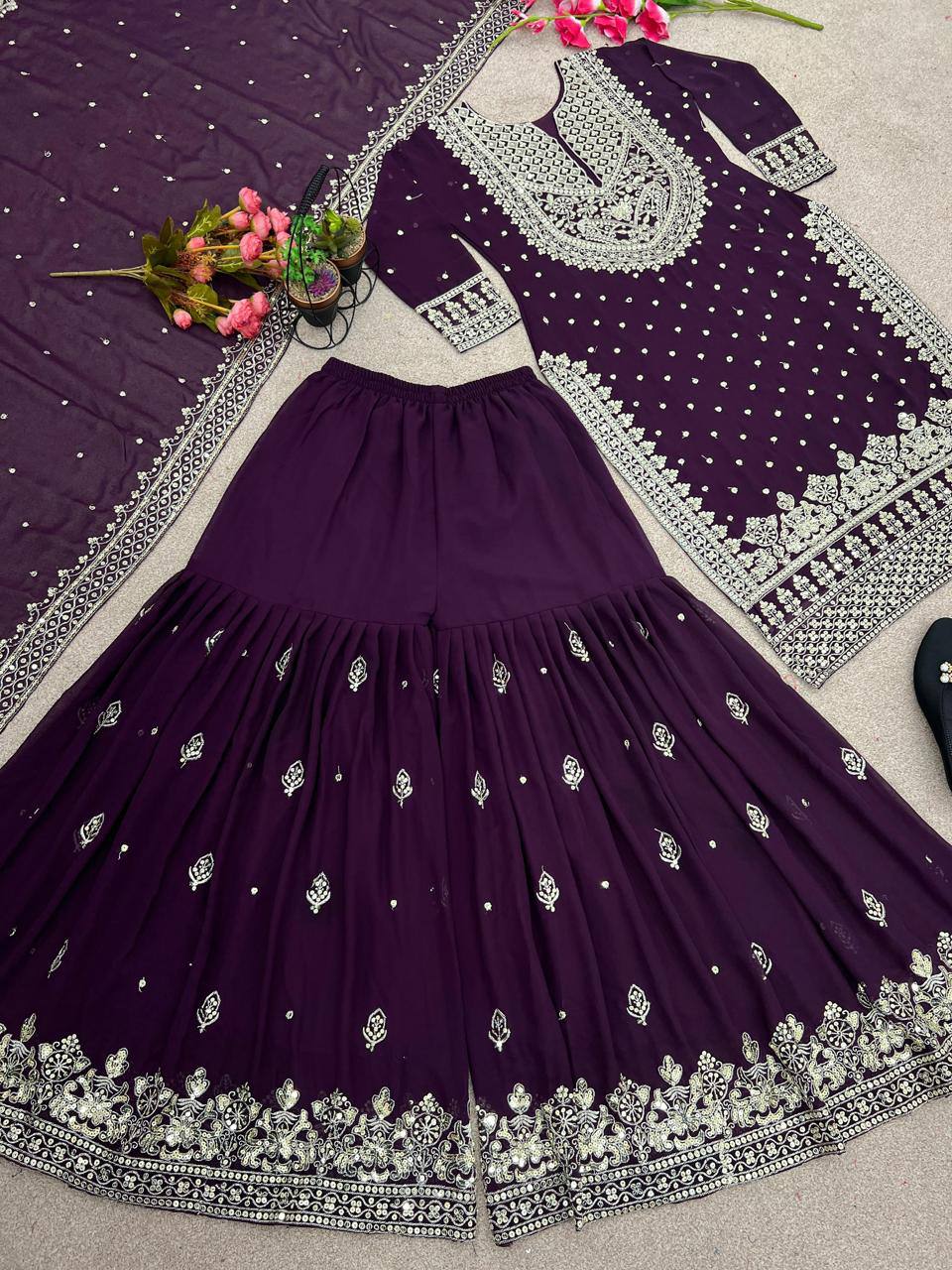 Heavy Embroidery Sequence Work Top-Gharara And Dupatta