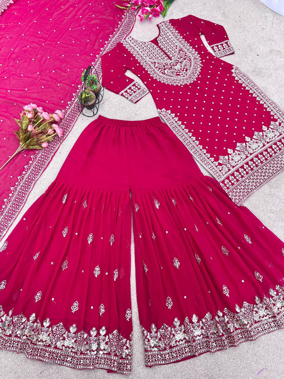 Heavy Embroidery Sequence Work Top-Gharara And Dupatta