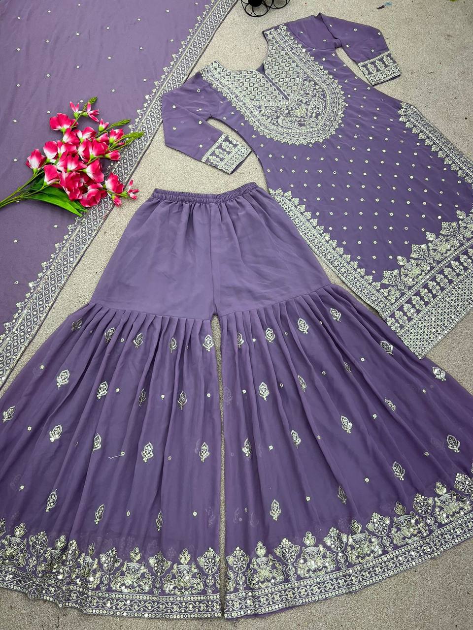 Heavy Embroidery Sequence Work Top-Gharara And Dupatta