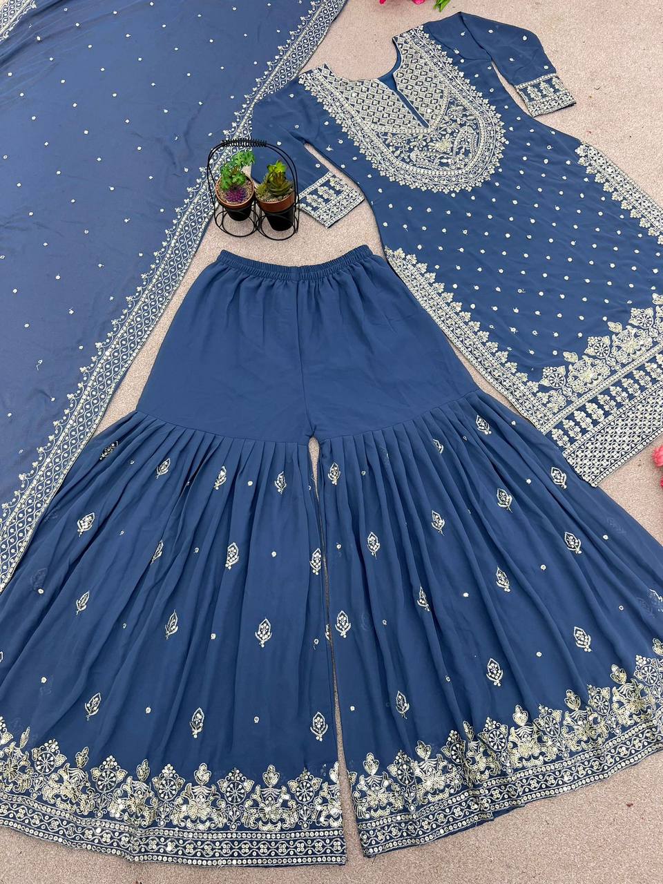 Heavy Embroidery Sequence Work Top-Gharara And Dupatta