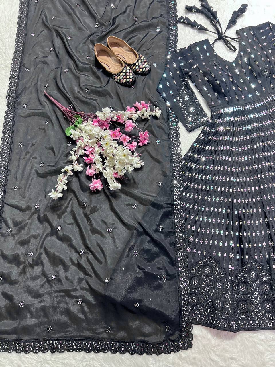 Party Wear Anarkali Gown With Sequence Embroidery Work