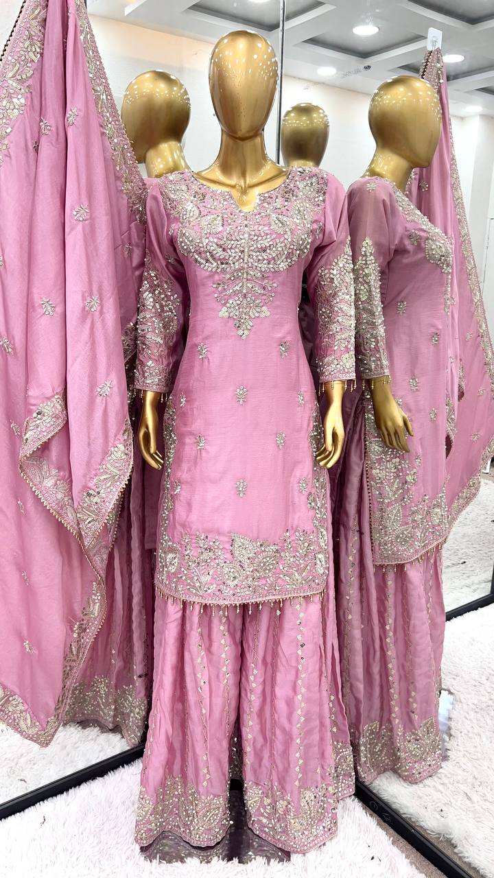 Beautiful Top-Gharara And Dupatta With Heavy Embroidery Sequence Work