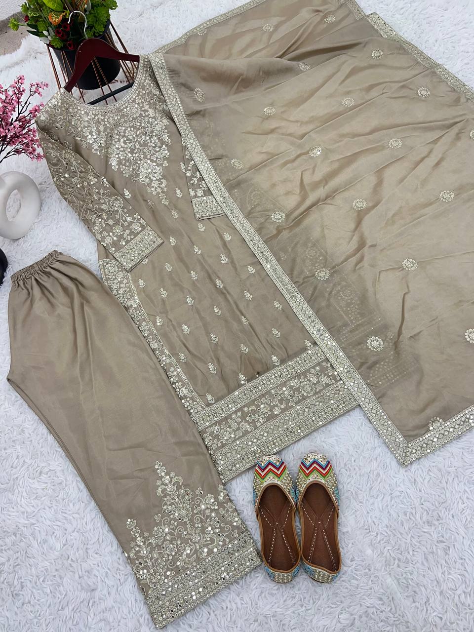 Beautiful Top-Bottom And Dupatta With Embroidery Sequence Work