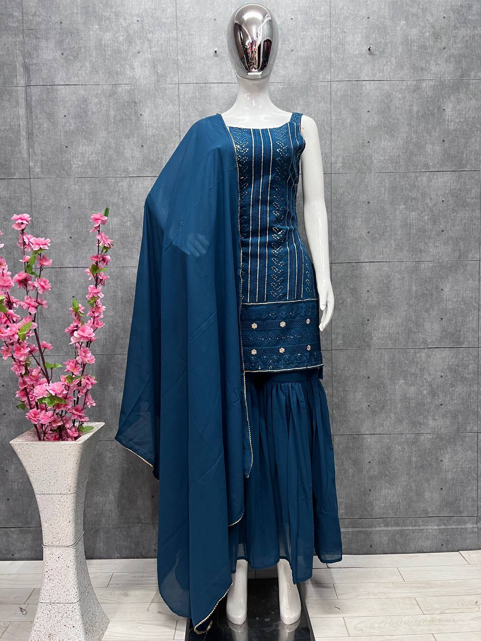 Beautiful Sharara Set And Dupatta With Embroidery Cotton Thread Work