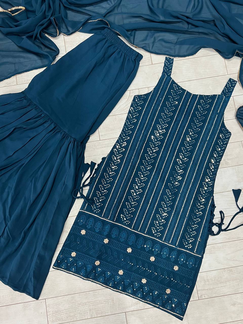 Beautiful Sharara Set And Dupatta With Embroidery Cotton Thread Work