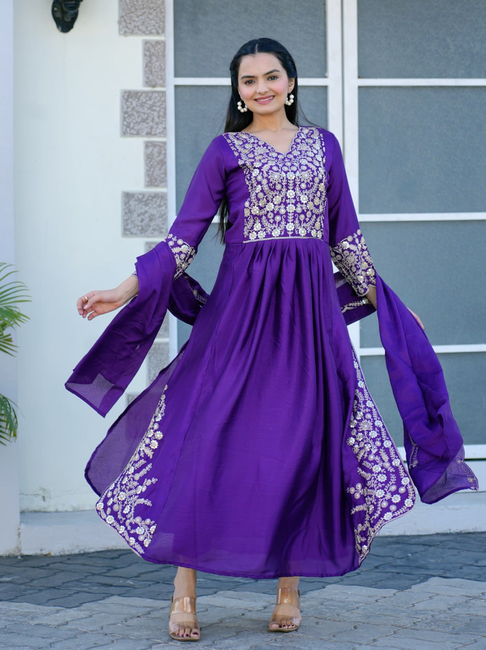 Designer Embroidered Chinon Gown With Sequence Embroidered Work