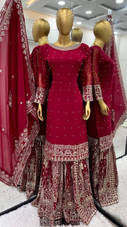 Fancy Top-Gharara And Dupatta With Heavy Embroidery Sequence Work