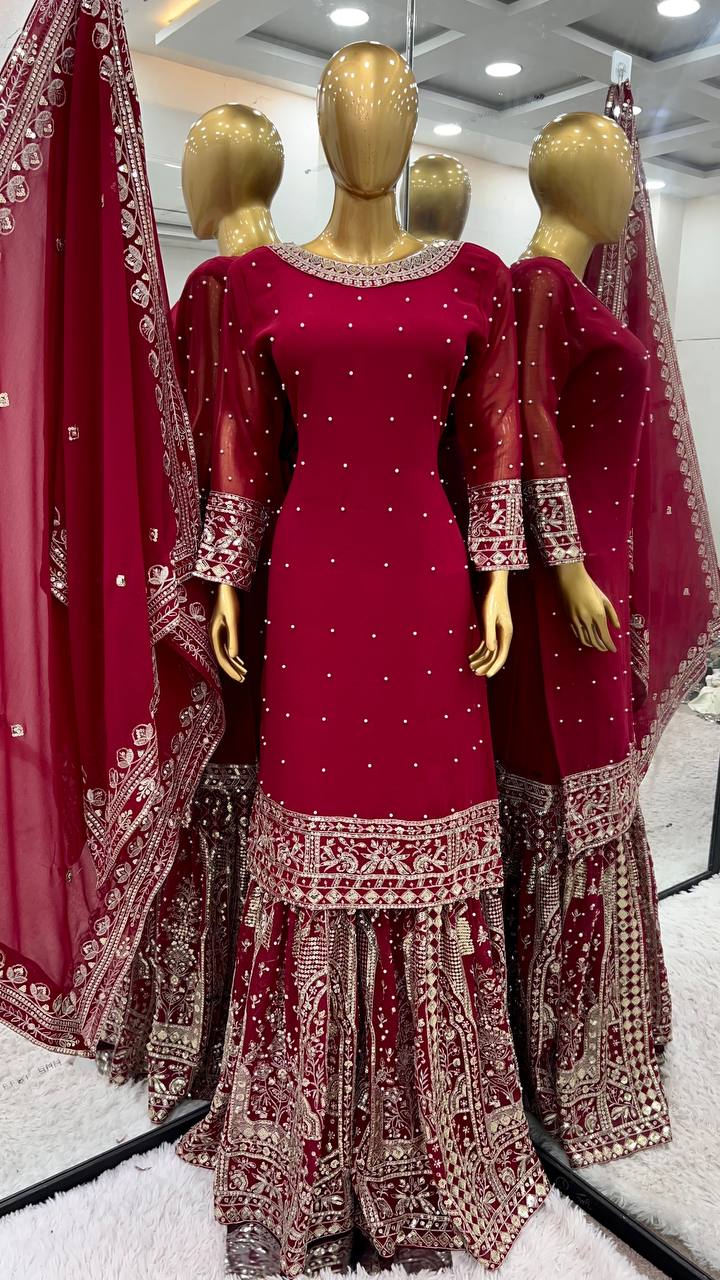 Fancy Top-Gharara And Dupatta With Heavy Embroidery Sequence Work