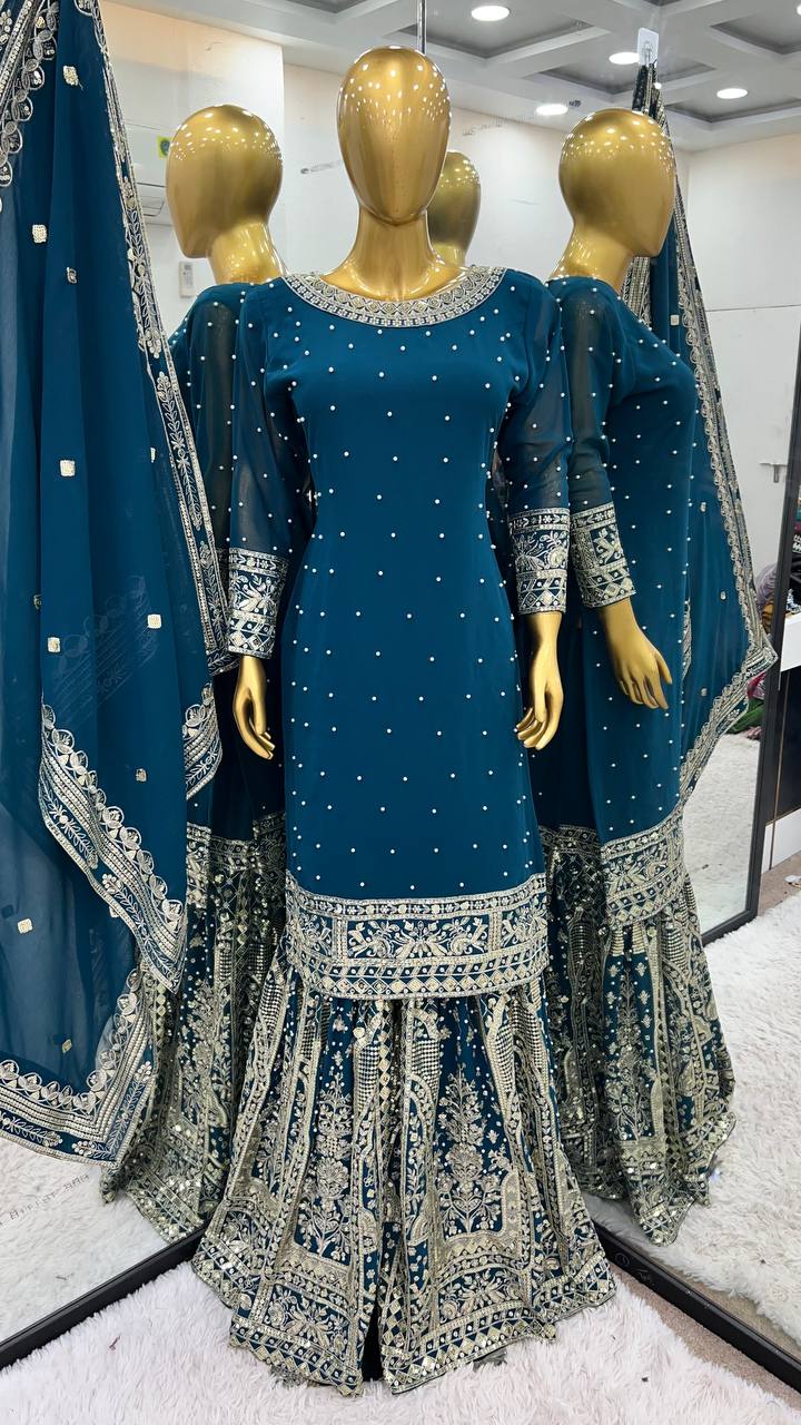 Fancy Top-Gharara And Dupatta With Heavy Embroidery Sequence Work