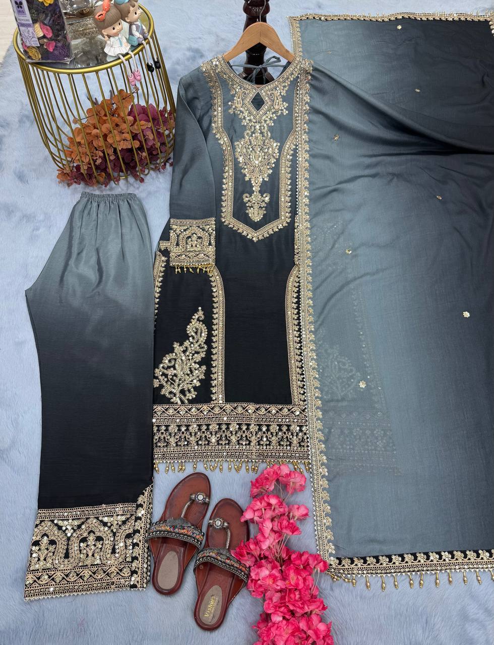 Designer Party Wear Look Top Plazzo & Dupatta Set