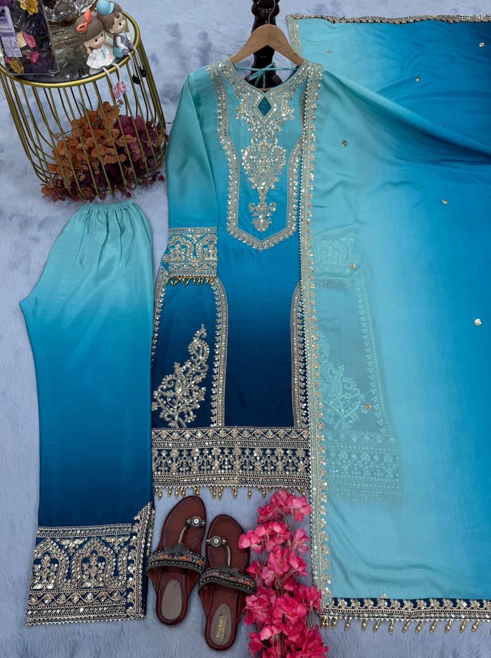 Designer Party Wear Look Top Plazzo & Dupatta Set