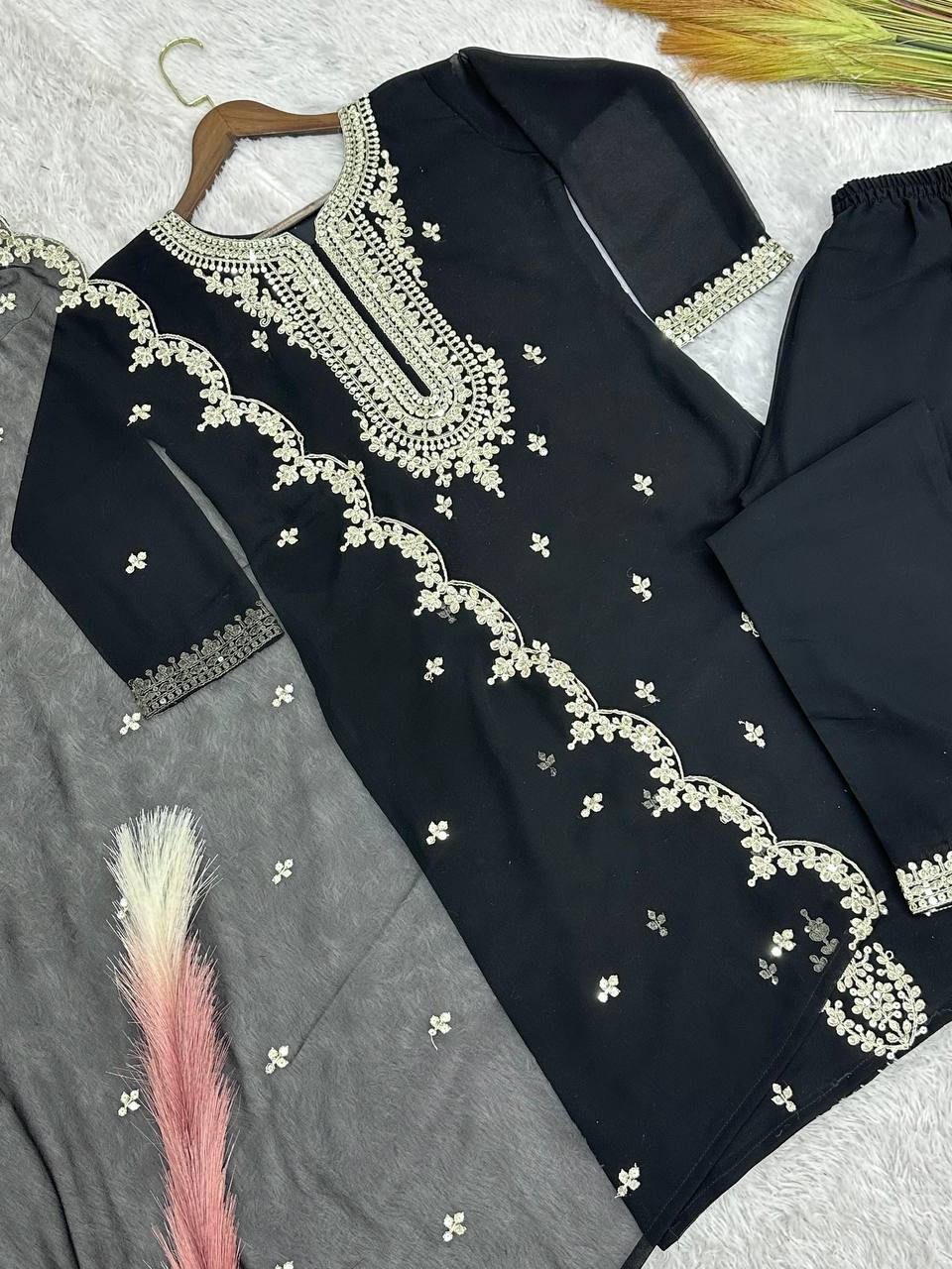 Top-Bottom And Dupatta With Embroidery Coding Dori-Sequence Work