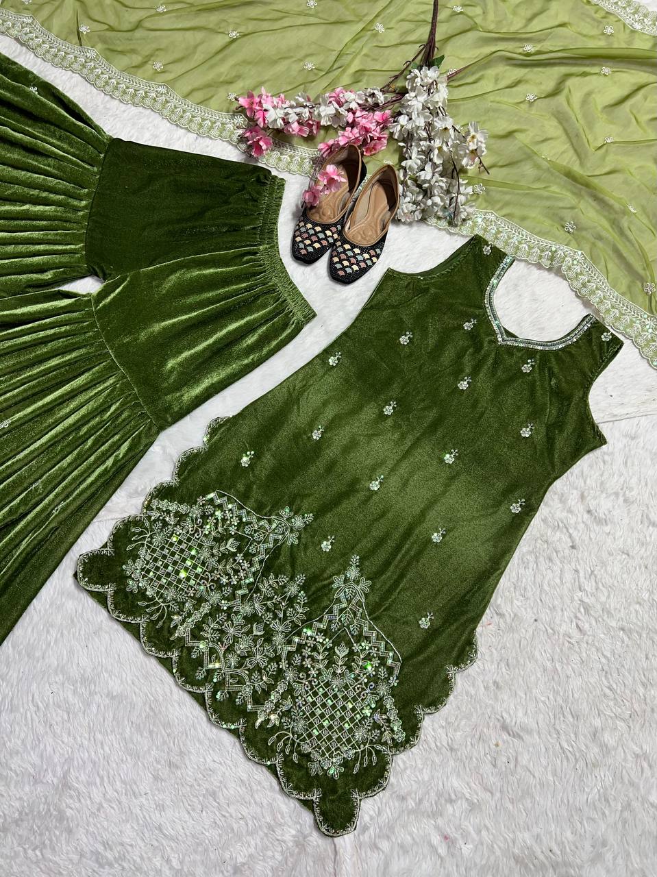 Party Wear Beautiful Suit Sharara And Dupatta Witt Moti Hand Work