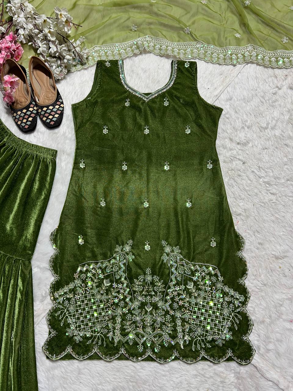 Party Wear Beautiful Suit Sharara And Dupatta Witt Moti Hand Work