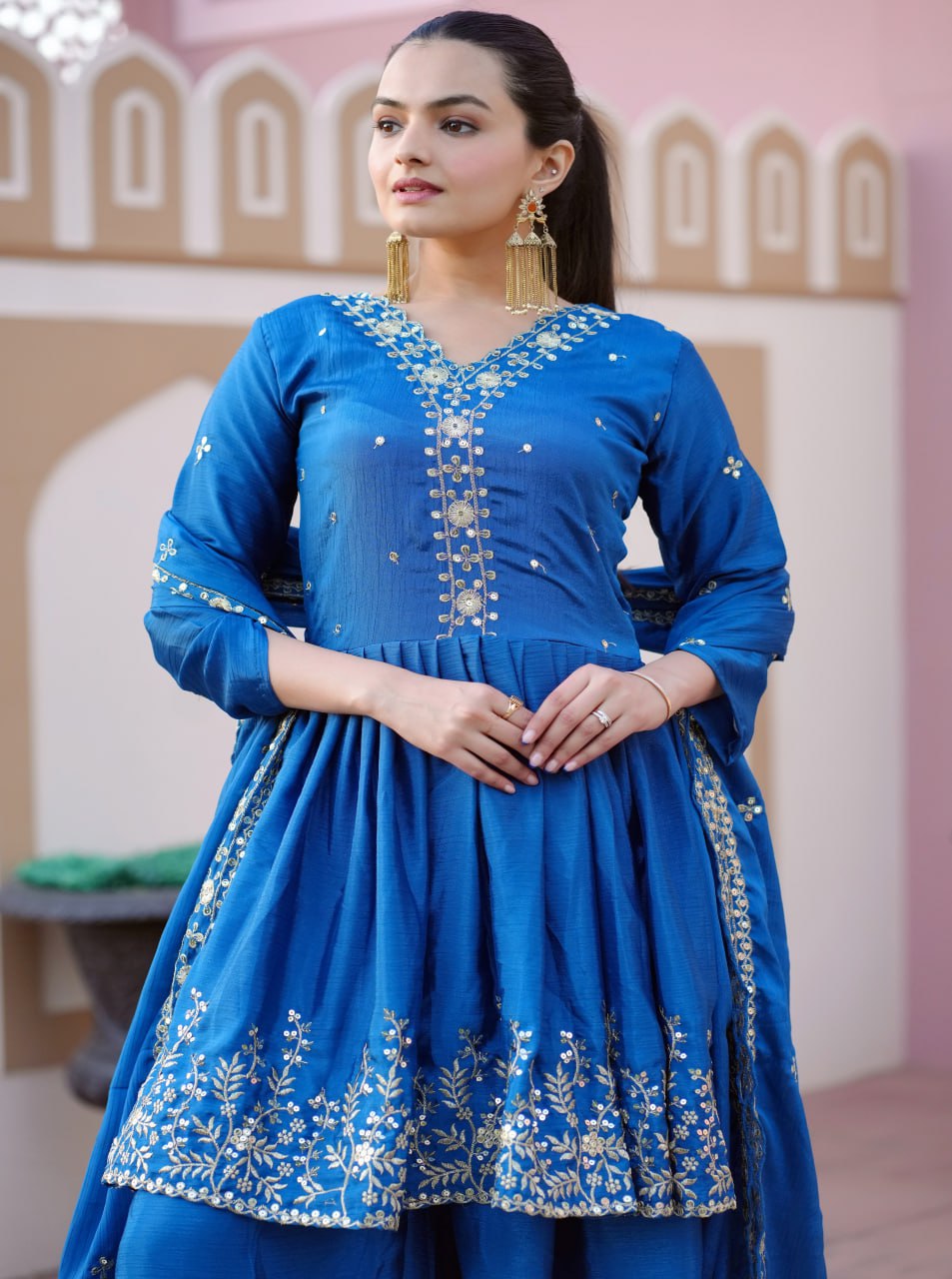 Designer Party Wear Sharara Suit With Sequence Embroidered Work