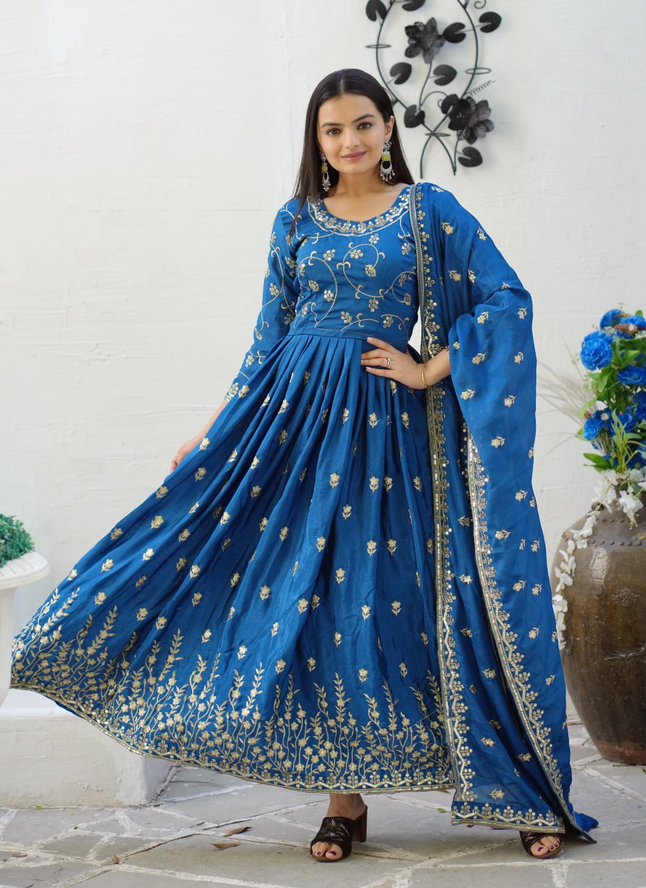 Beautiful Embroidered Chinon Gown With Sequence Embroidered Work