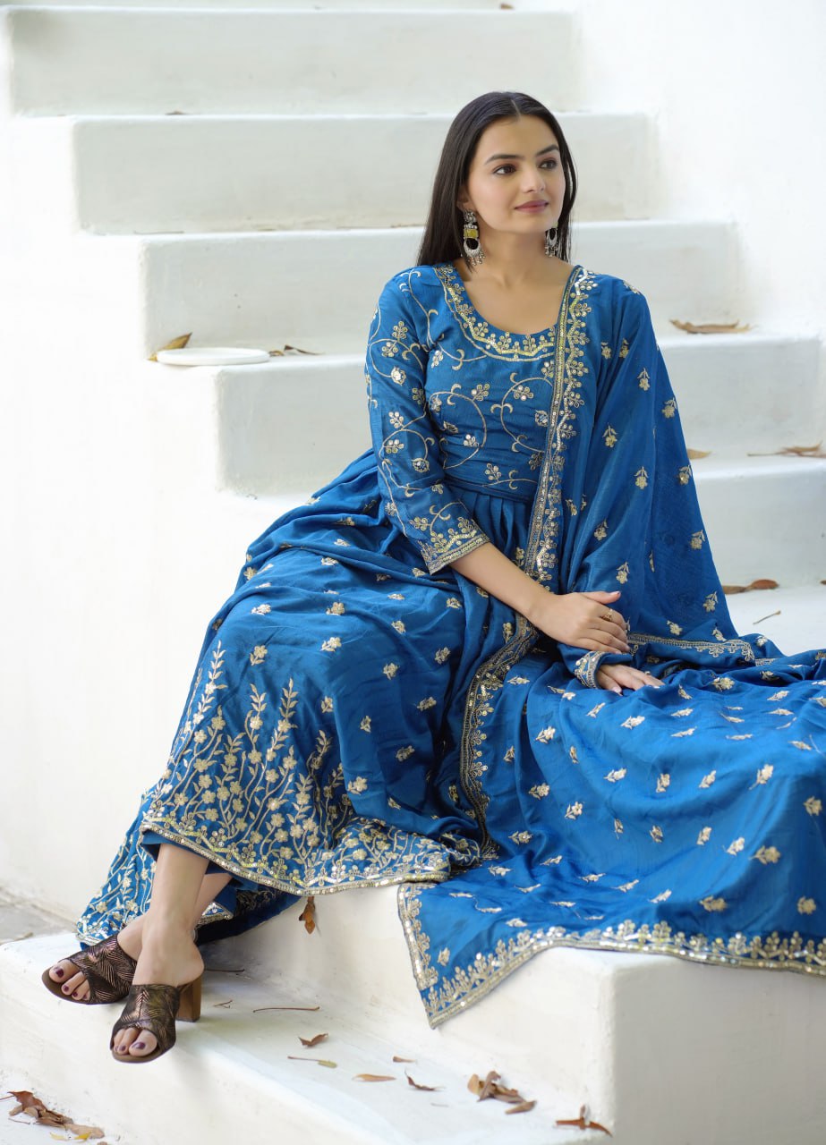 Beautiful Embroidered Chinon Gown With Sequence Embroidered Work