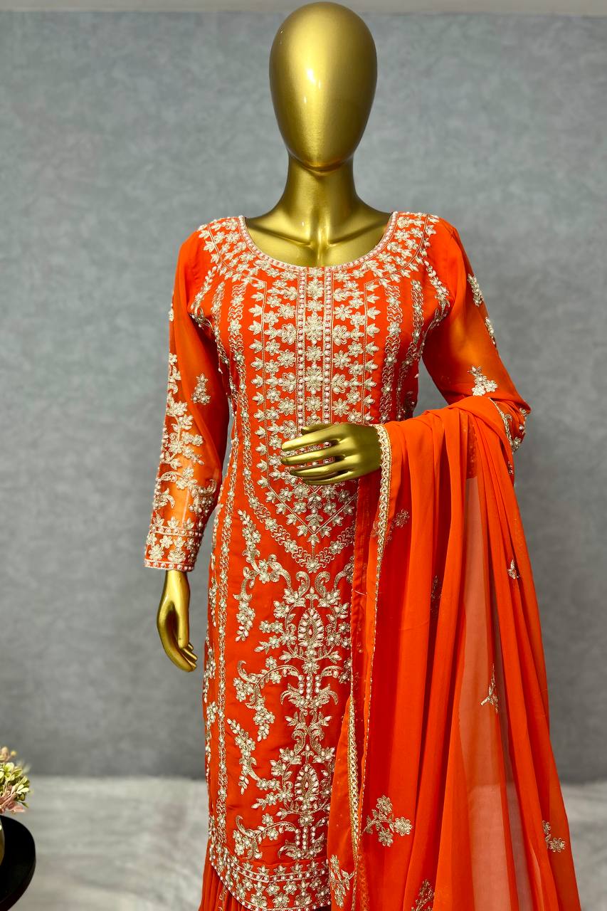 Party Wear Designer Top Sharara And Dupatta With Pearl Stone Hand Work