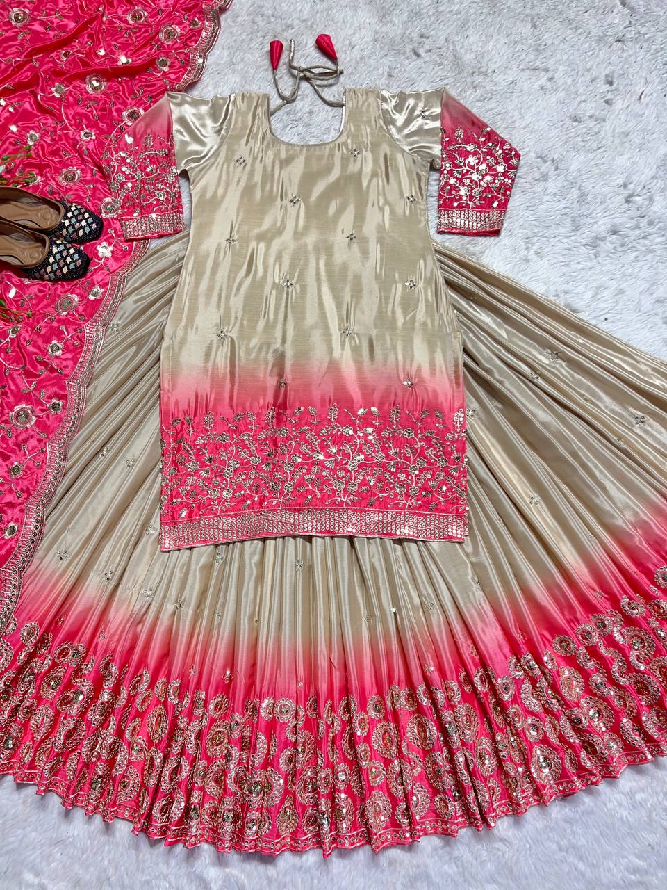 Beautiful Top Lehenga And Dupatta With Multi Needle Embroidery Work
