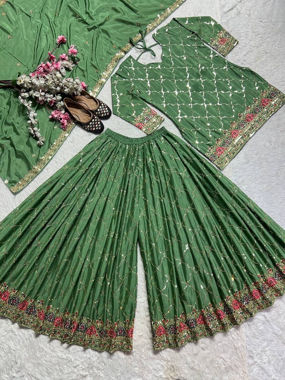 Designer Party Wear Look Top , Sharara Plazzo And Dupatta