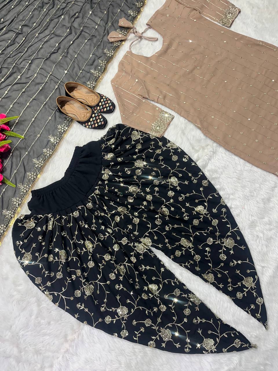 Designer Party Wear Look Top ,Dhoti Salwar And Dupatta