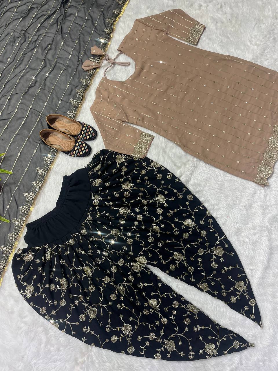 Designer Party Wear Look Top ,Dhoti Salwar And Dupatta