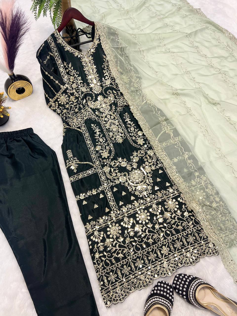 Beautiful Suit Set With Heavy Embroidery Coding Sequence Work