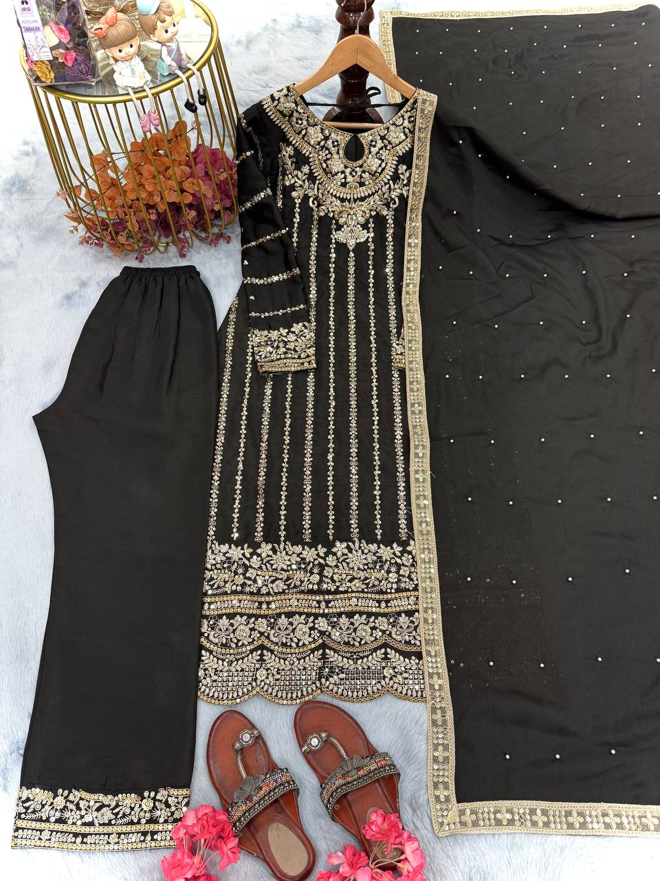 Designer Party Wear Look Suit Set With Rivet Moti Work