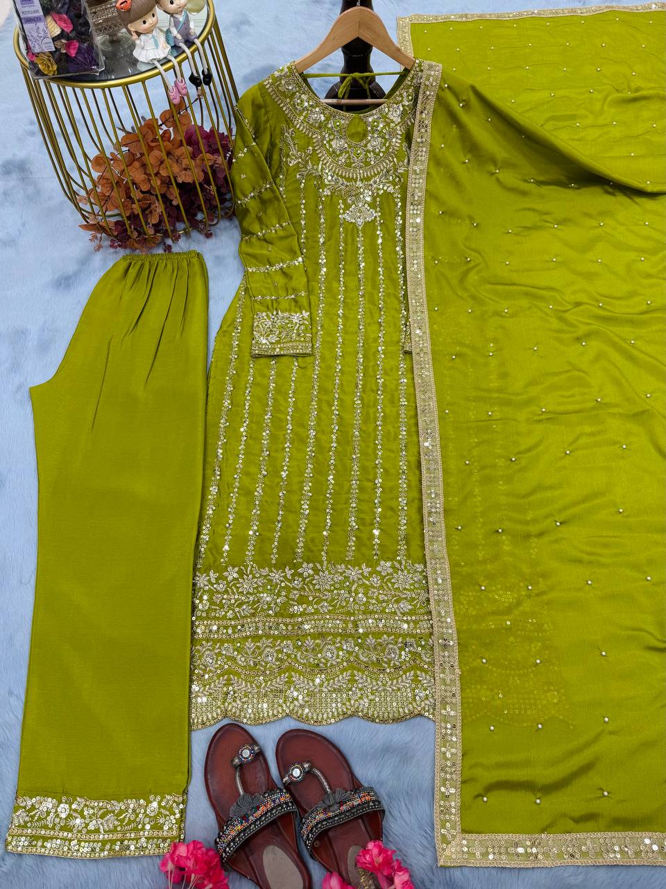 Designer Party Wear Look Suit Set With Rivet Moti Work