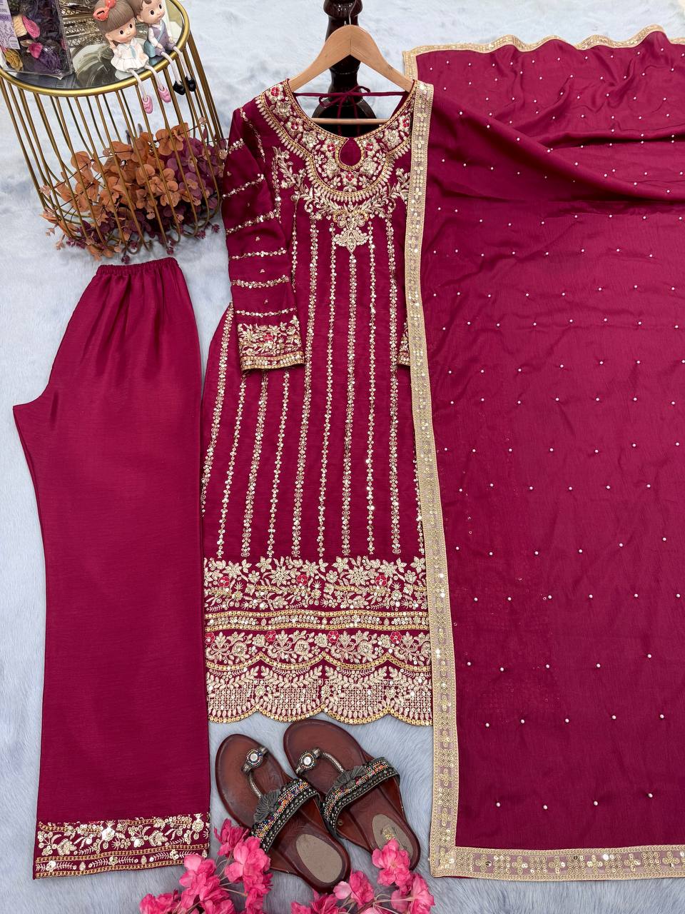 Designer Party Wear Look Suit Set With Rivet Moti Work