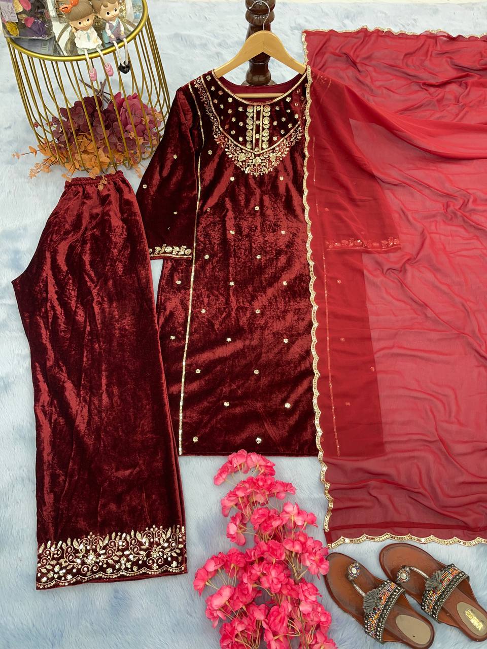 Fancy Wedding Wear Top Bottom & Dupatta With Embroidery Work