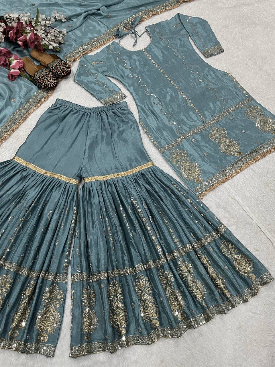 Designer Party Wear Top Bottom And Dupatta With Fancy Borders Lace Work